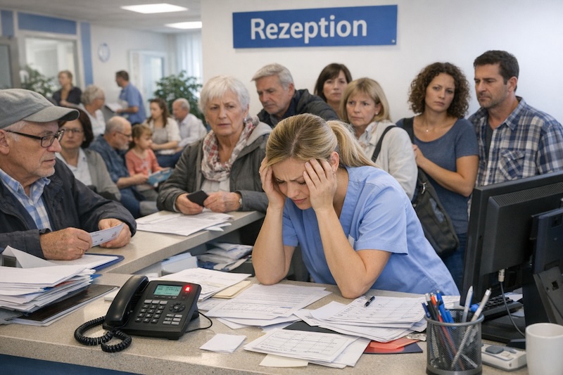 Überlastete Assistenz in einer Arztpraxis: Telefon klingelt, Patienten warten – der Alltag ohne KI-Automation